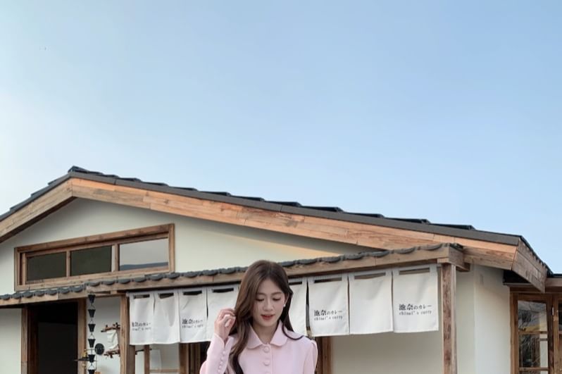 Collar Plain Button Jacket / High Waist Maxi A-Line Skirt
