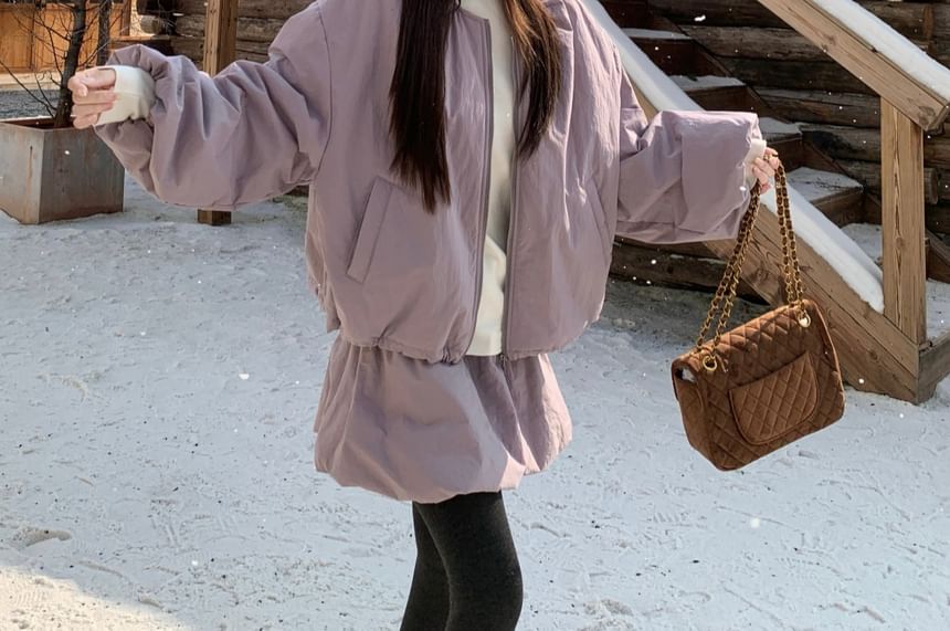 Round Neck Padded Zip Jacket / Mock Neck T-Shirt / Bubble Hem Mini Skirt
