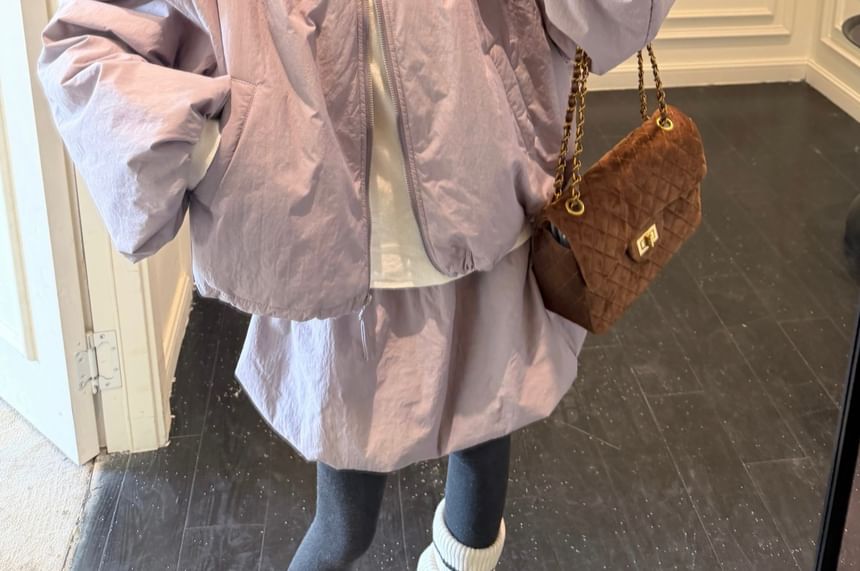 Round Neck Padded Zip Jacket / Mock Neck T-Shirt / Bubble Hem Mini Skirt