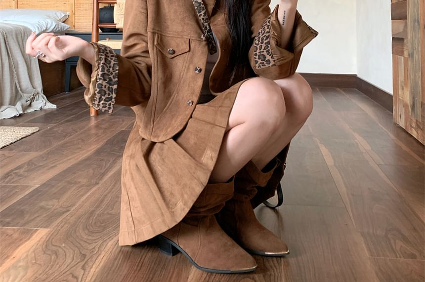Leopard Print Faux Suede Button Jacket / Pleated Mini A-Line Skirt with Belt