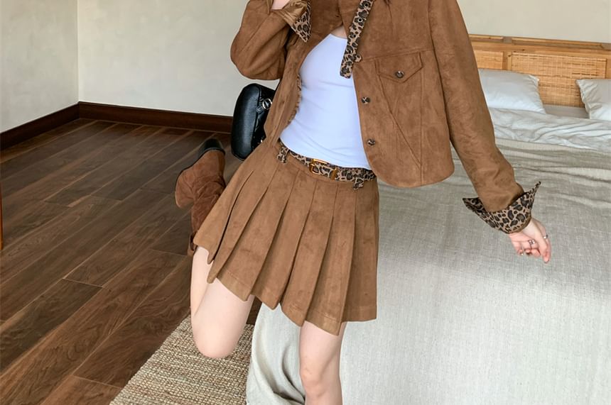 Leopard Print Faux Suede Button Jacket / Pleated Mini A-Line Skirt with Belt