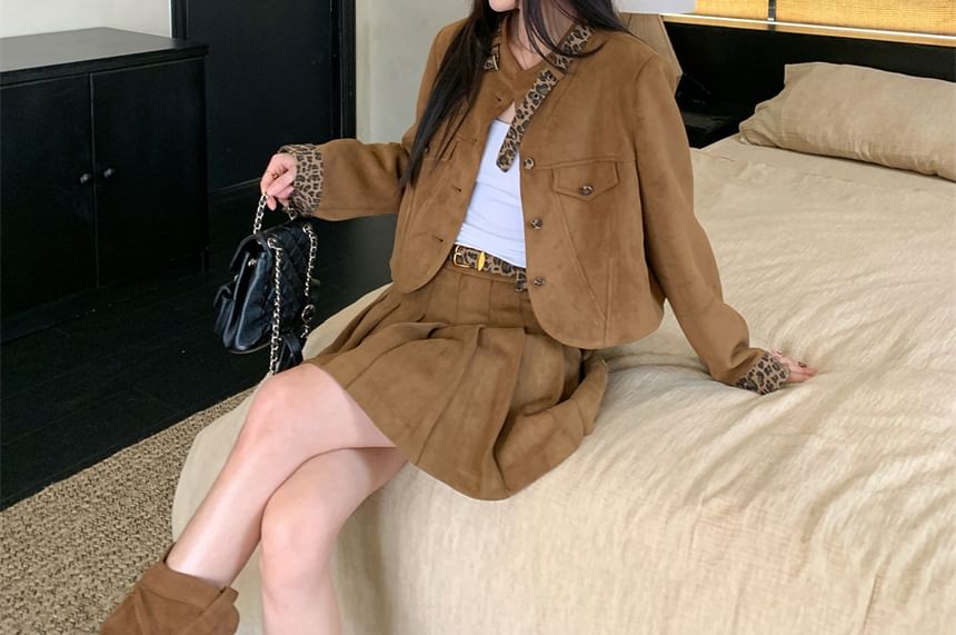 Leopard Print Faux Suede Button Jacket / Pleated Mini A-Line Skirt with Belt