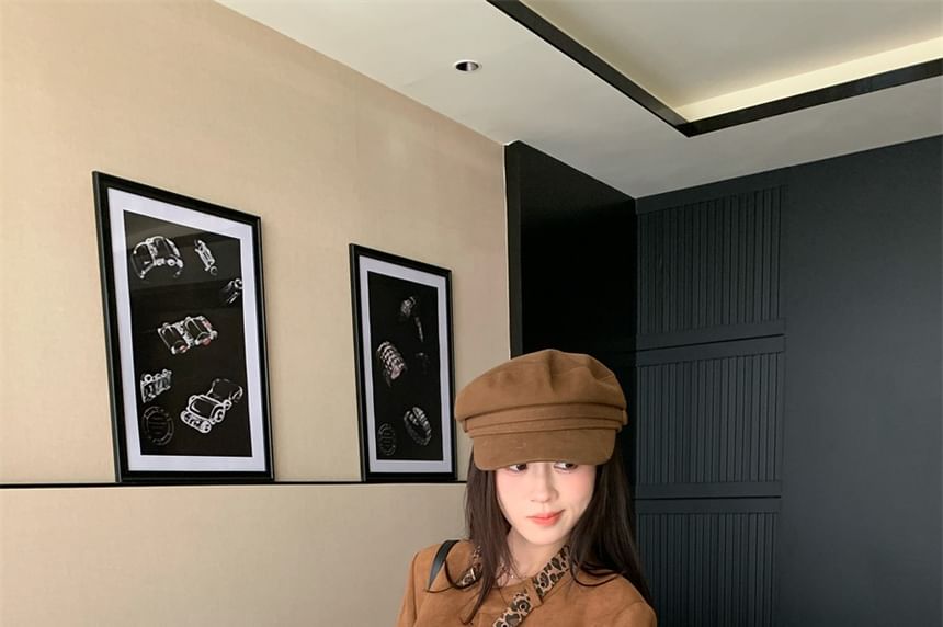 Leopard Print Faux Suede Button Jacket / Pleated Mini A-Line Skirt with Belt