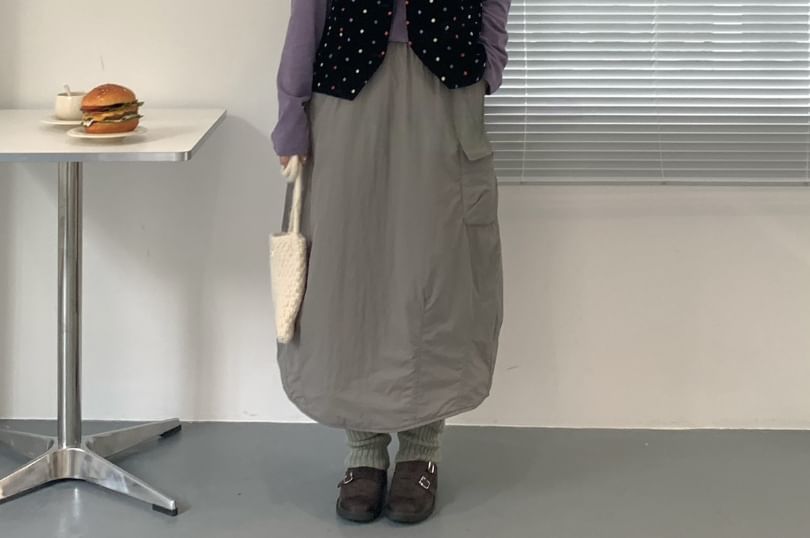 Drawstring Waist Padded Cargo Midi A-Line Skirt