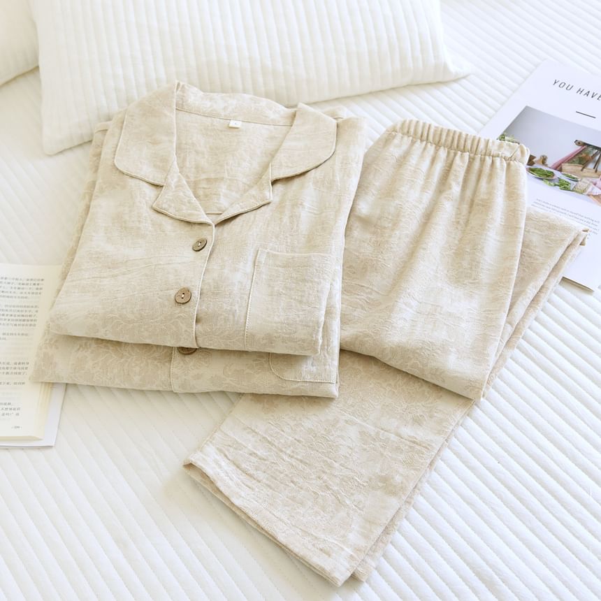 Couple Matching Pajama Set: Long Sleeve Collared Jacquard Shirt + Elastic Waist Straight Leg Pants (Various Designs)