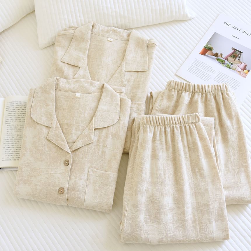 Couple Matching Pajama Set: Long Sleeve Collared Jacquard Shirt + Elastic Waist Straight Leg Pants (Various Designs)