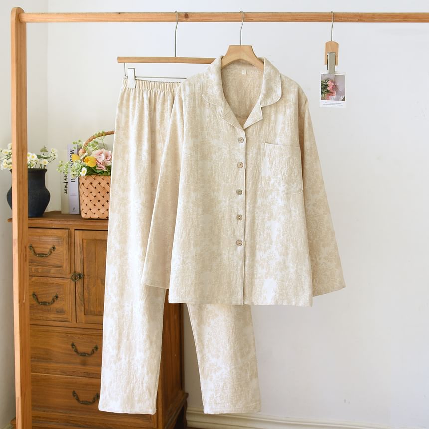 Couple Matching Pajama Set: Long Sleeve Collared Jacquard Shirt + Elastic Waist Straight Leg Pants (Various Designs)