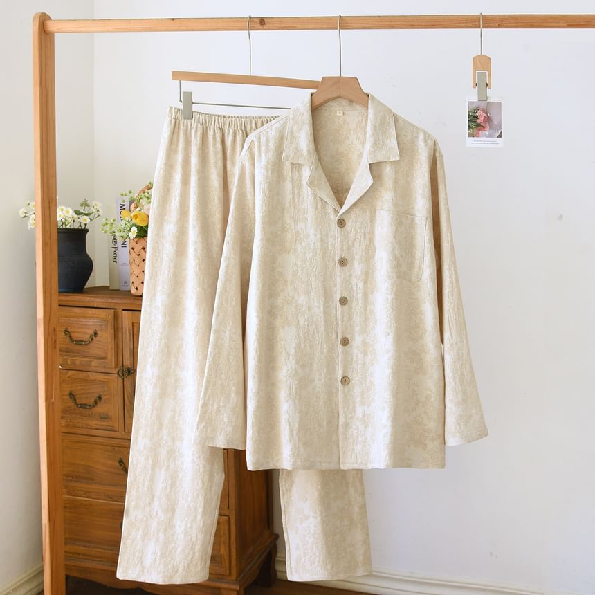 Couple Matching Pajama Set: Long Sleeve Collared Jacquard Shirt + Elastic Waist Straight Leg Pants (Various Designs)