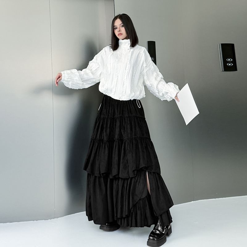 High Rise Asymmetrical Ruched Slit Maxi A-Line Skirt