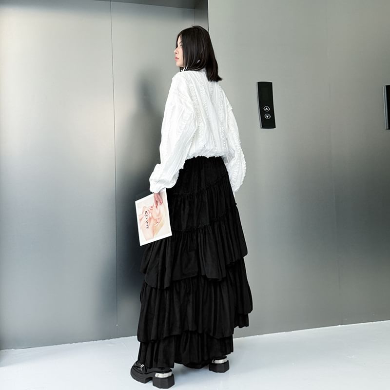 High Rise Asymmetrical Ruched Slit Maxi A-Line Skirt