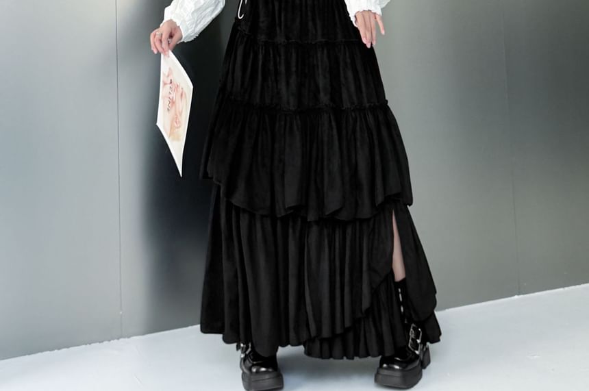 High Rise Asymmetrical Ruched Slit Maxi A-Line Skirt