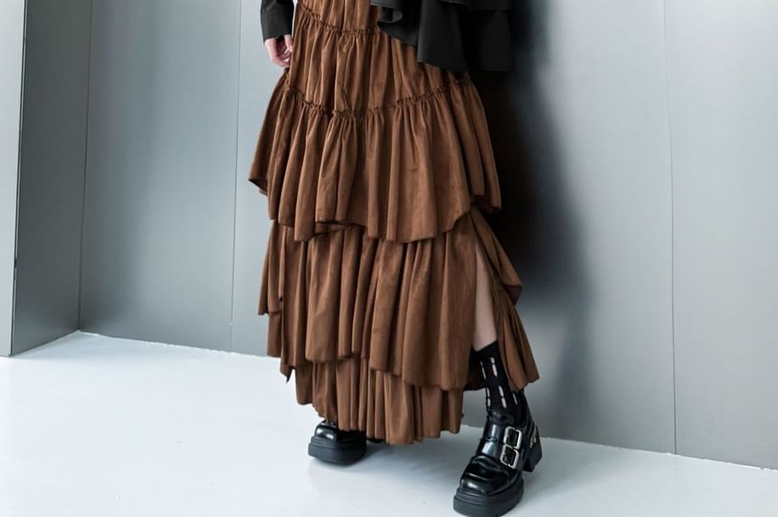 High Rise Asymmetrical Ruched Slit Maxi A-Line Skirt
