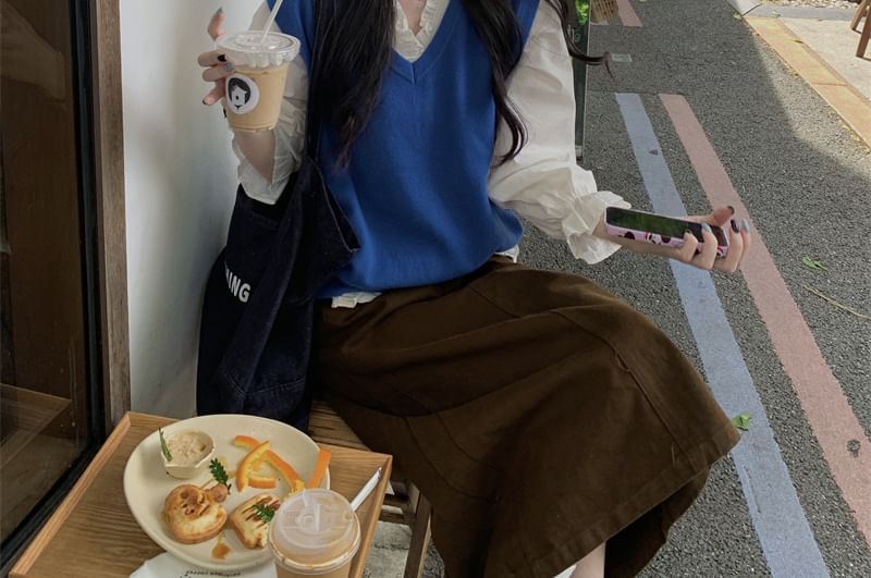 Puff-Sleeve V-Neck Blouse / Sweater Vest / High Waist Maxi Straight Skirt