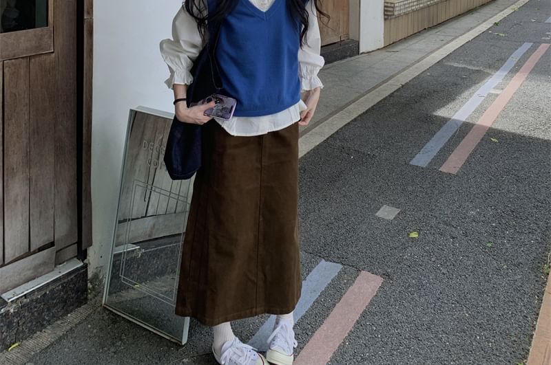 Puff-Sleeve V-Neck Blouse / Sweater Vest / High Waist Maxi Straight Skirt