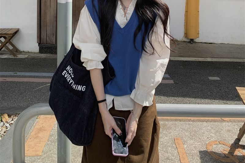 Puff-Sleeve V-Neck Blouse / Sweater Vest / High Waist Maxi Straight Skirt