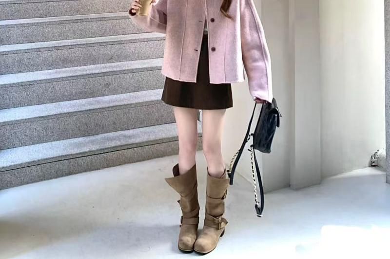 Round Neck Single-Breasted Jacket / High Waist Mini A-Line Skirt