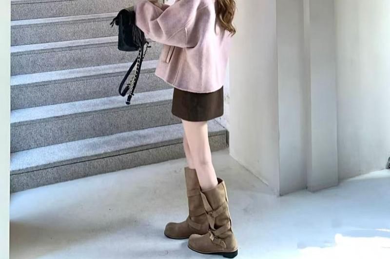 Round Neck Single-Breasted Jacket / High Waist Mini A-Line Skirt