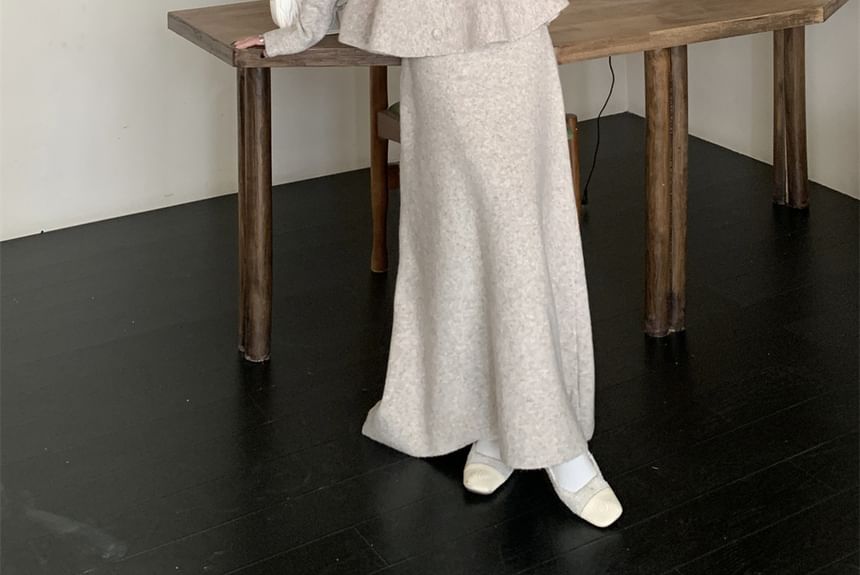 V-Neck Peplum Single-Breasted Jacket / High Waist Maxi A-Line Skirt