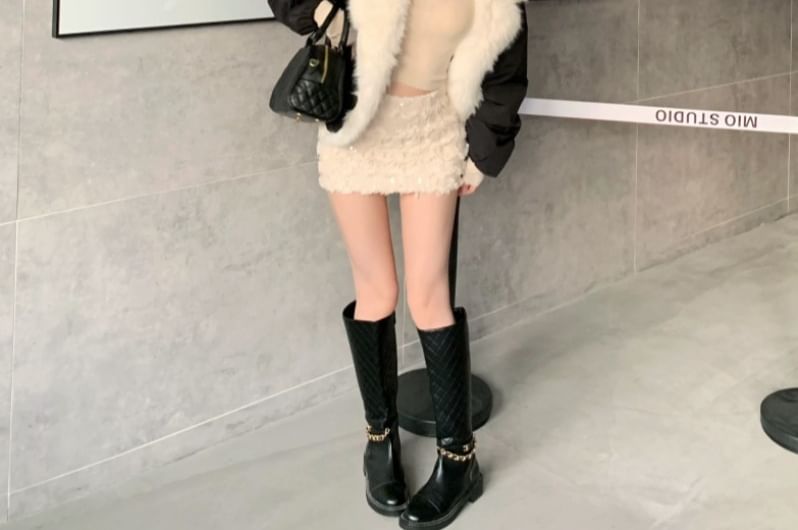 V-Neck Knit Cropped Cami / Two Tone Fluffy Trim Jacket / Mid Rise Mini Pencil Skirt