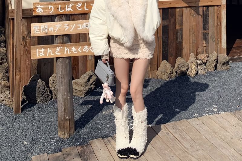 V-Neck Knit Cropped Cami / Two Tone Fluffy Trim Jacket / Mid Rise Mini Pencil Skirt