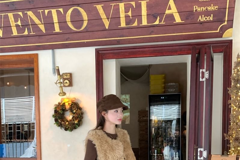 Faux Fur Vest / Long-Sleeve T-Shirt / High Waist Maxi A-Line Skirt