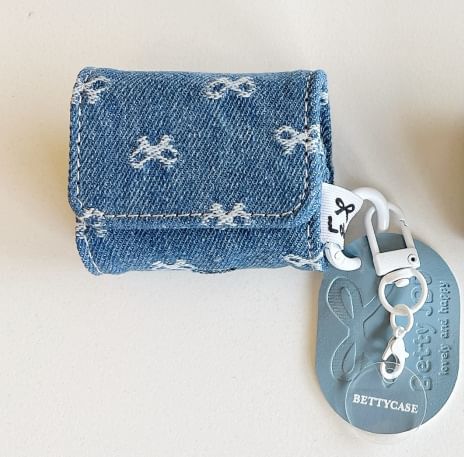 Bow Embroidered Denim Apple AirPods / Pro Earphone Case Skin / Tag Charm / Set