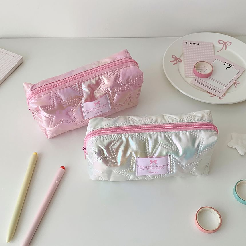 Bow Applique Star Quilted Fabric Makeup Bag