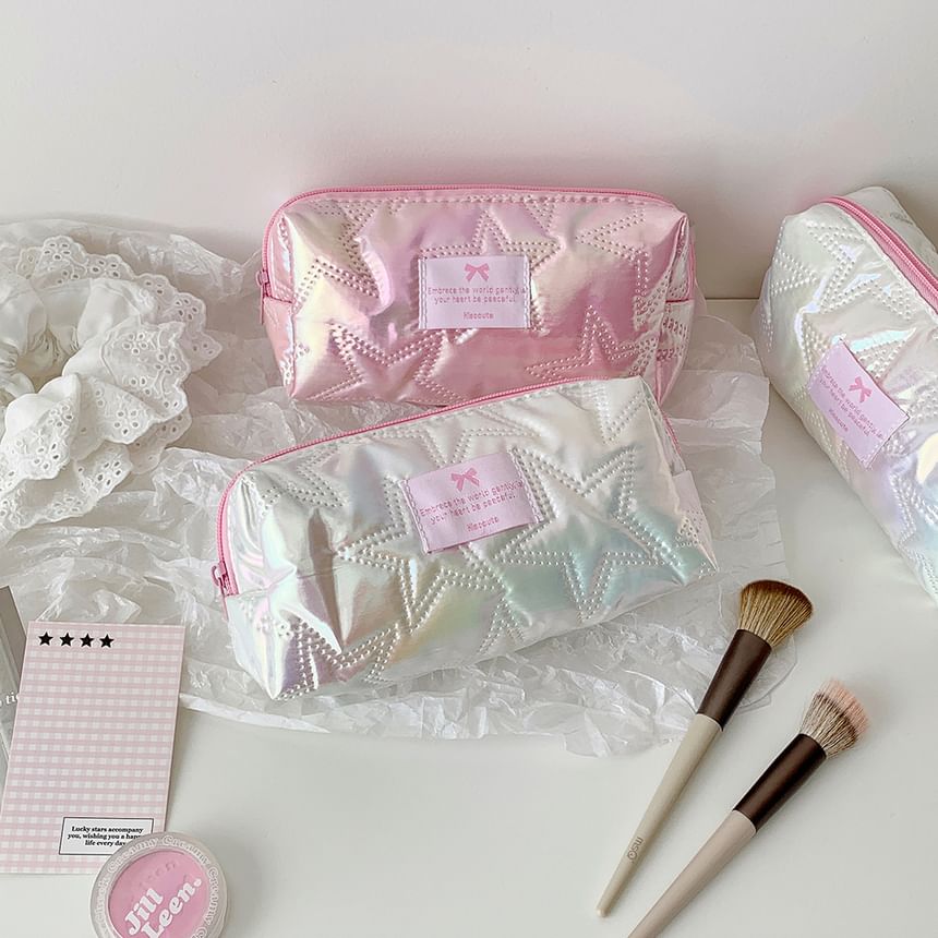 Bow Applique Star Quilted Fabric Makeup Bag