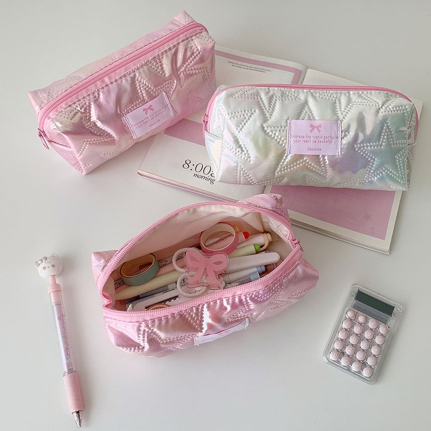 Bow Applique Star Quilted Fabric Makeup Bag