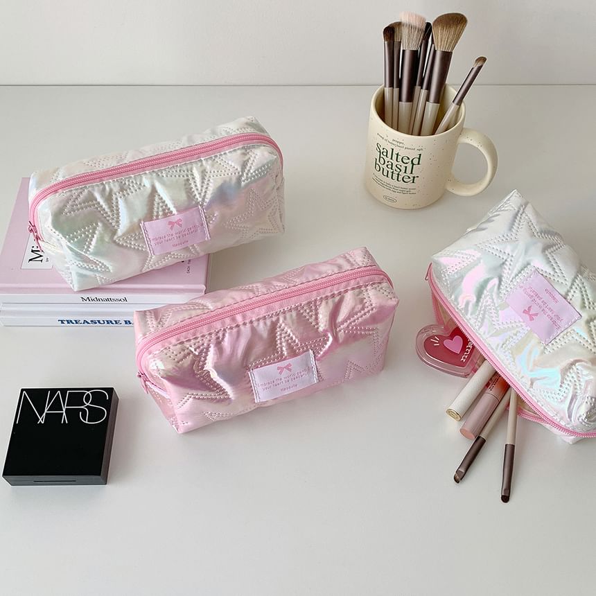 Bow Applique Star Quilted Fabric Makeup Bag