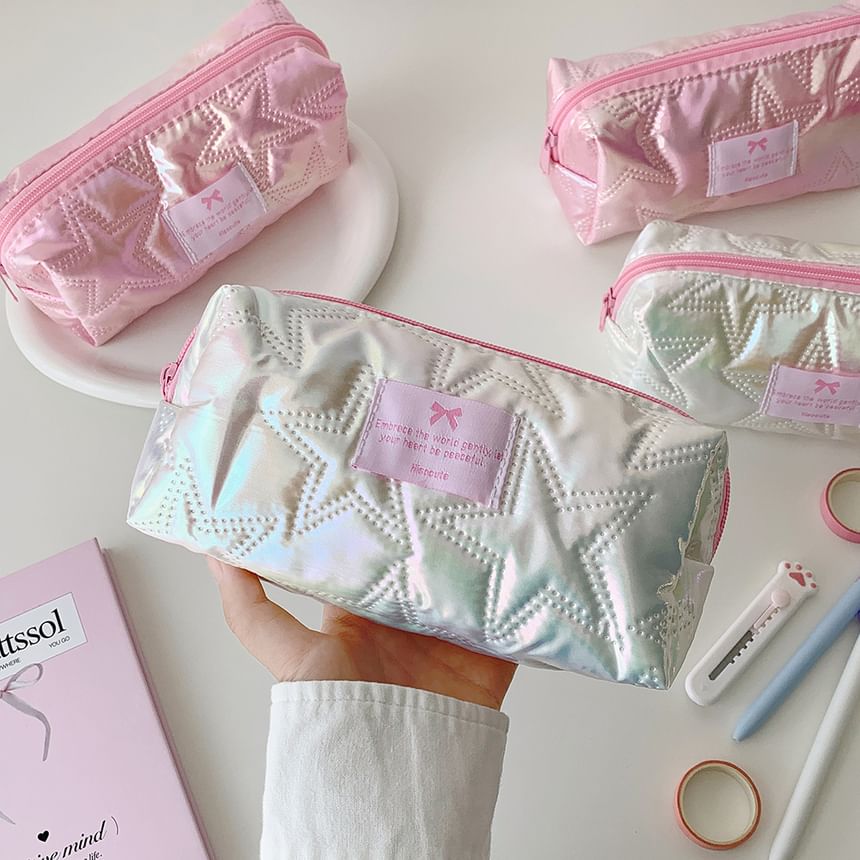 Bow Applique Star Quilted Fabric Makeup Bag