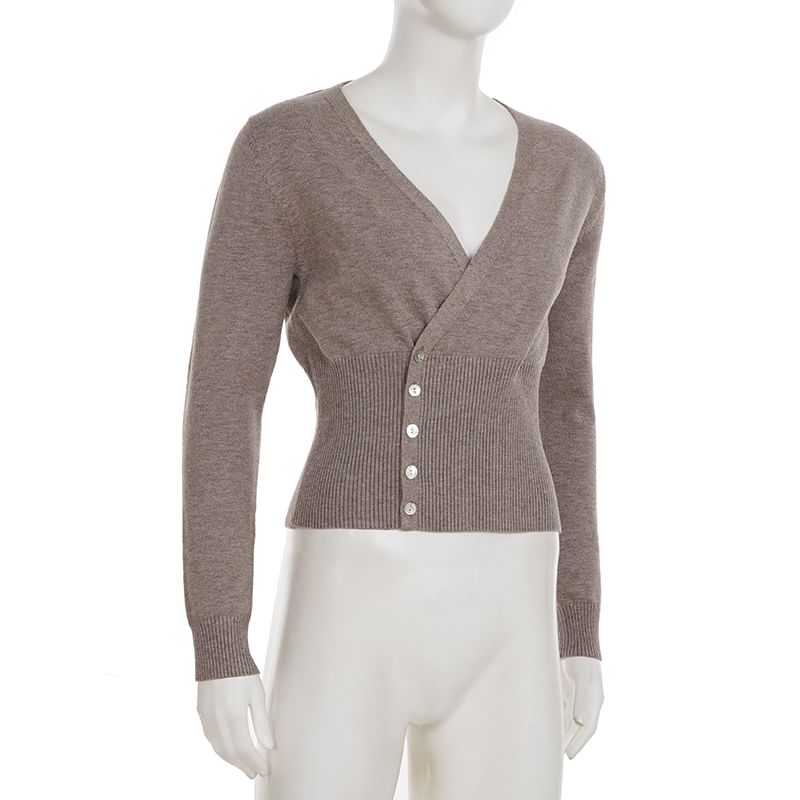 Melange Button V-Neck Knit Top