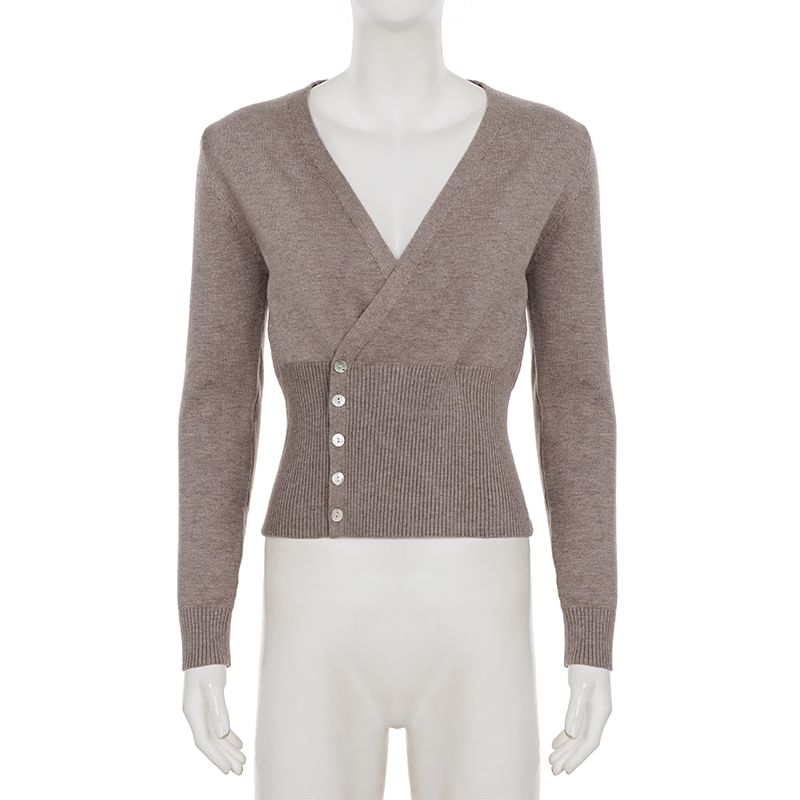Melange Button V-Neck Knit Top