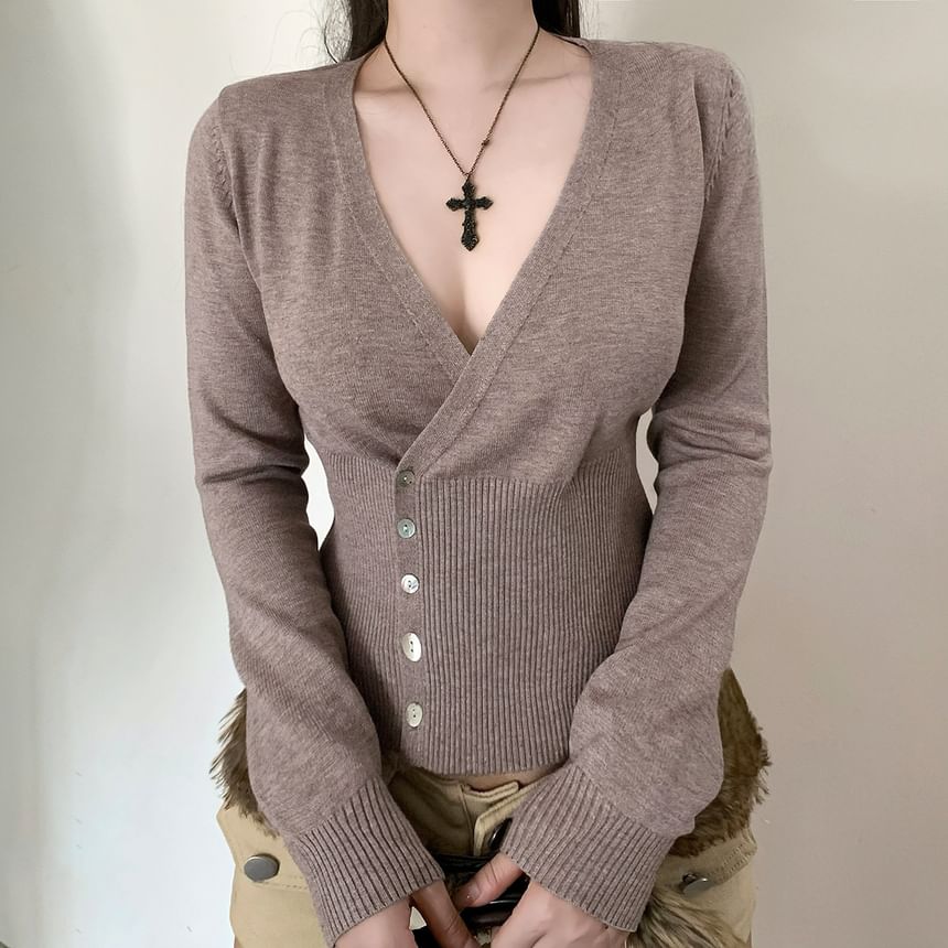 Melange Button V-Neck Knit Top