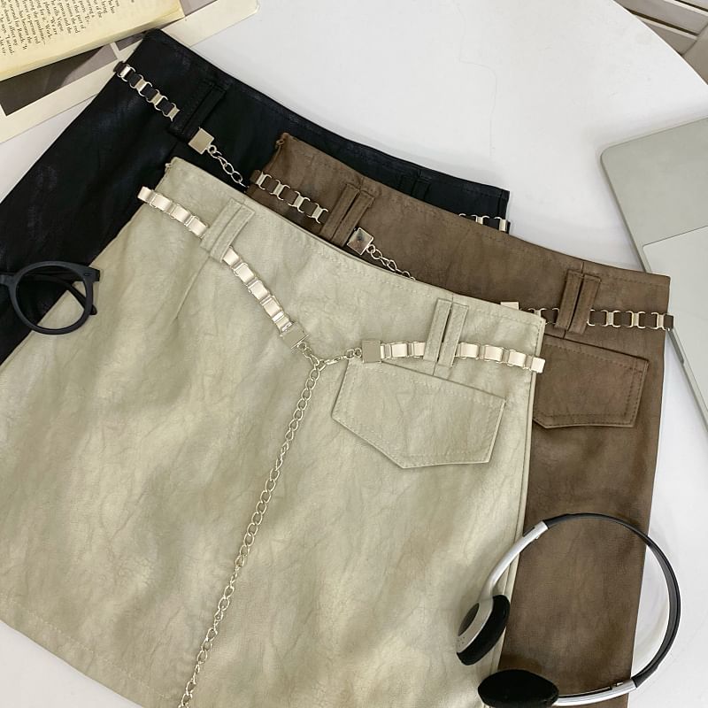 High Rise Faux Leather Mini A-Line Skirt with Chain Belt
