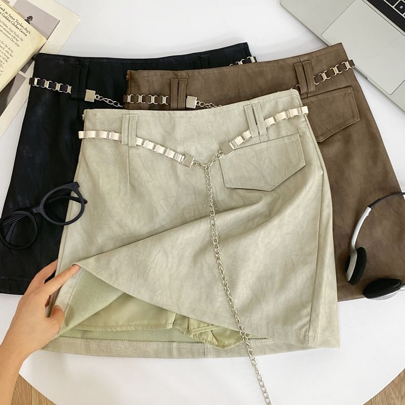 High Rise Faux Leather Mini A-Line Skirt with Chain Belt