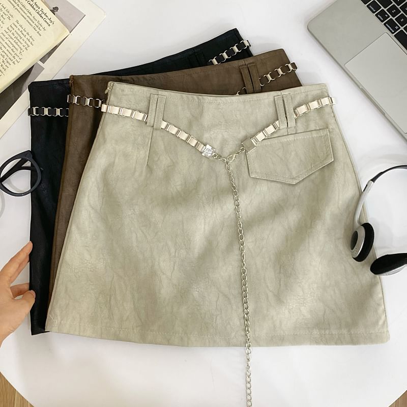 High Rise Faux Leather Mini A-Line Skirt with Chain Belt