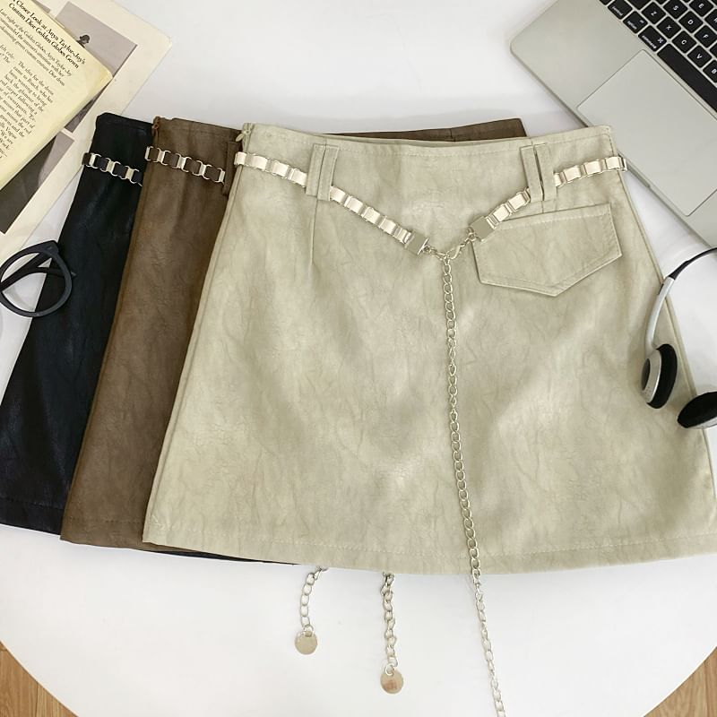 High Rise Faux Leather Mini A-Line Skirt with Chain Belt