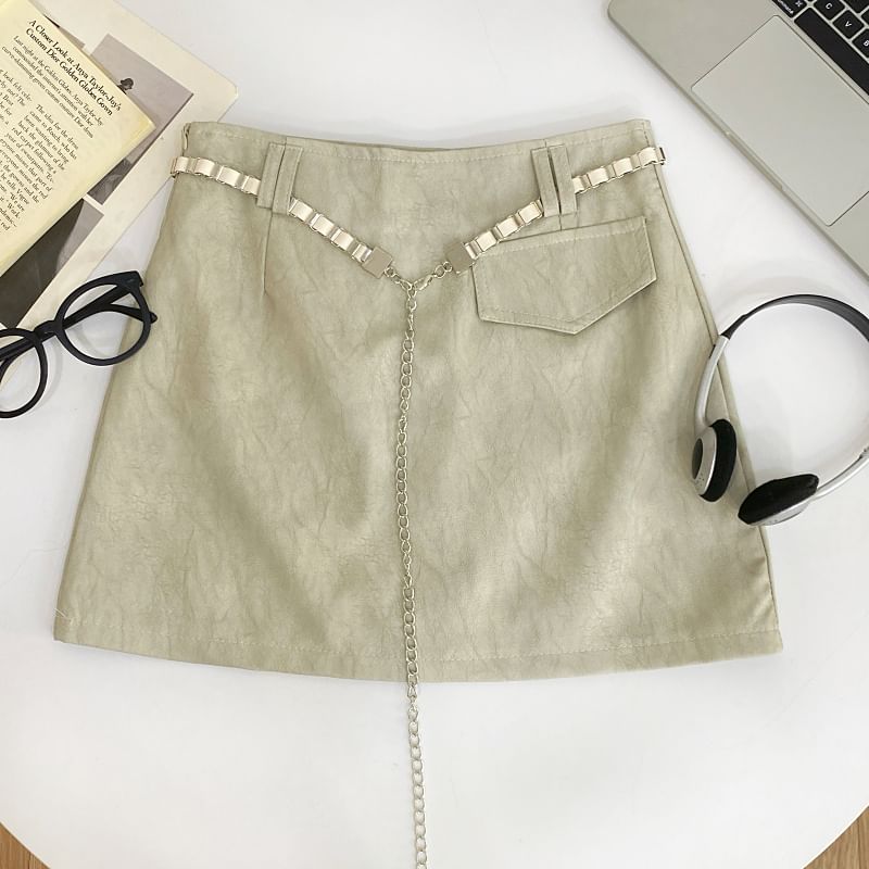 High Rise Faux Leather Mini A-Line Skirt with Chain Belt
