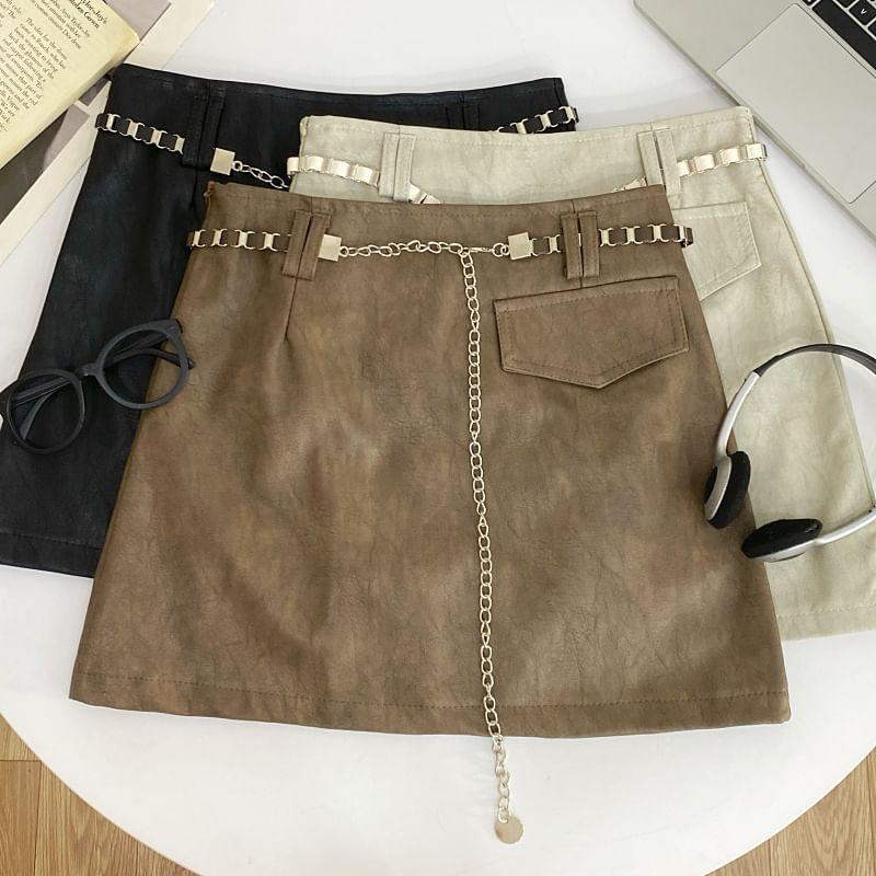 High Rise Faux Leather Mini A-Line Skirt with Chain Belt