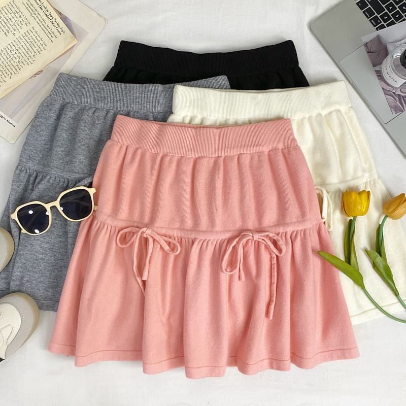 High Waist Drawstring Mini A-Line Knit Skirt