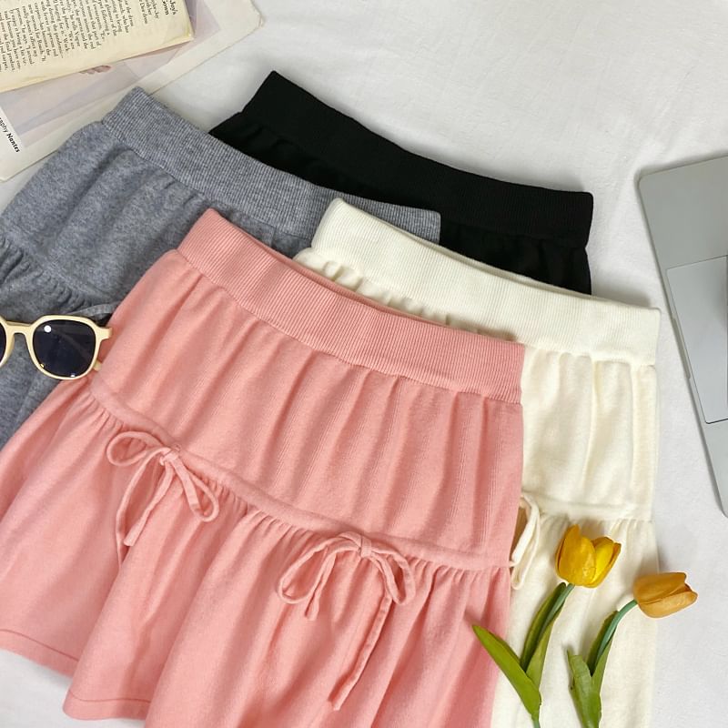 High Waist Drawstring Mini A-Line Knit Skirt
