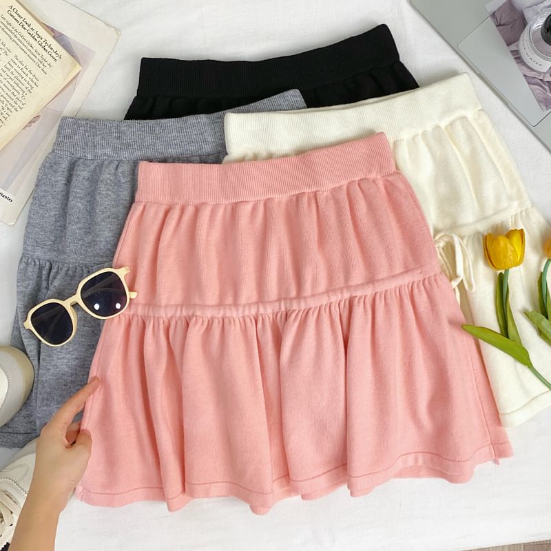 High Waist Drawstring Mini A-Line Knit Skirt