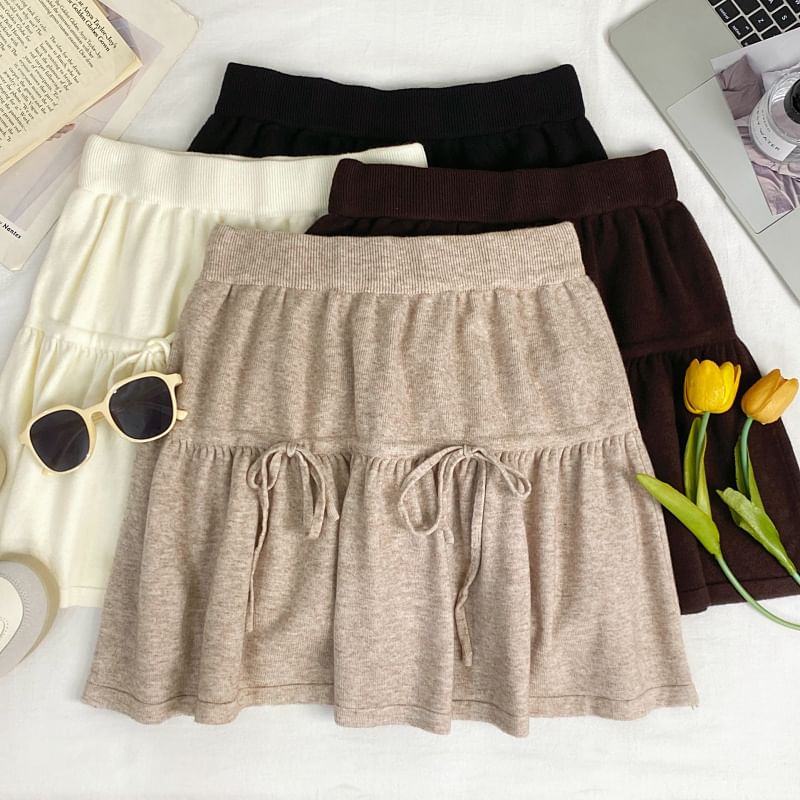 High Waist Drawstring Mini A-Line Knit Skirt