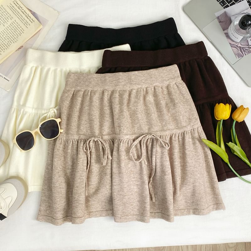 High Waist Drawstring Mini A-Line Knit Skirt