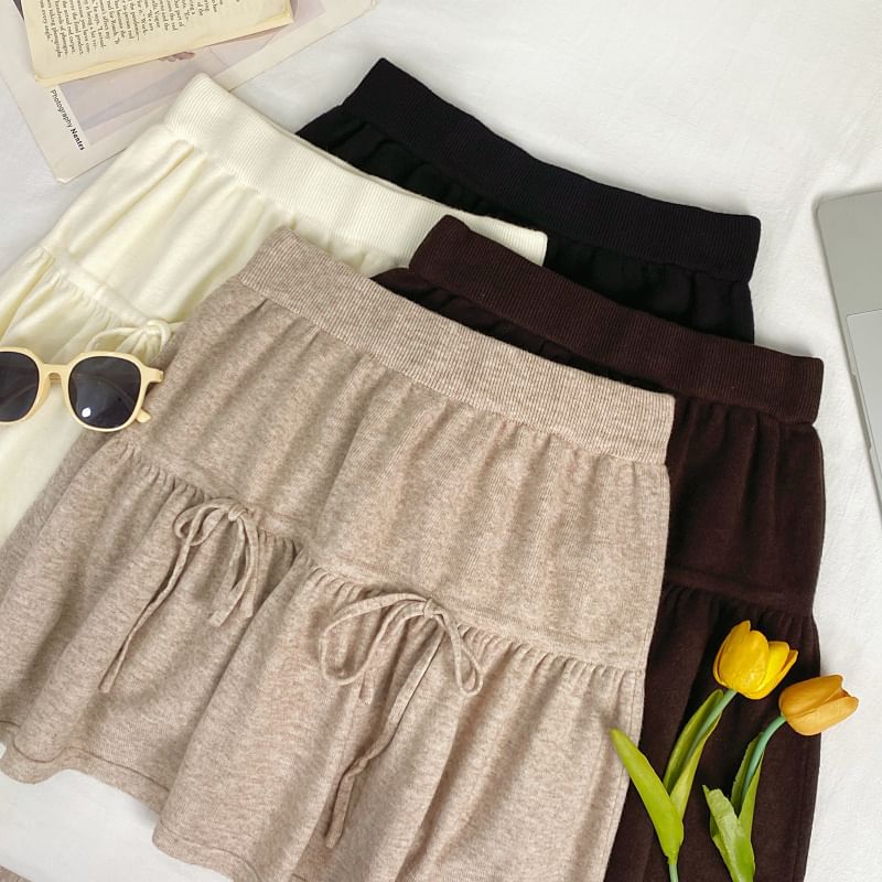 High Waist Drawstring Mini A-Line Knit Skirt