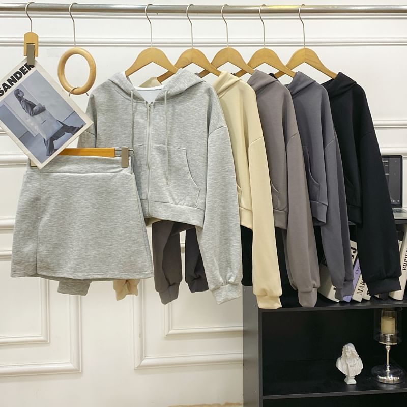 Zip Hoodie & High Rise Slit Mini A-Line Skirt Set