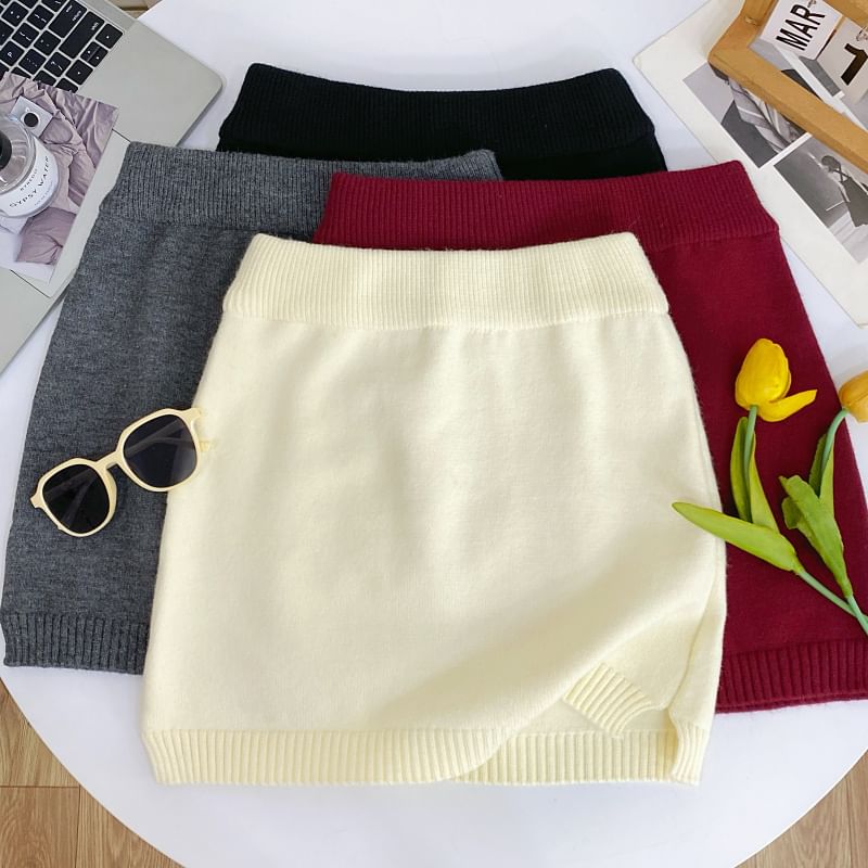 High Waist Plain Mini Knit Skirt