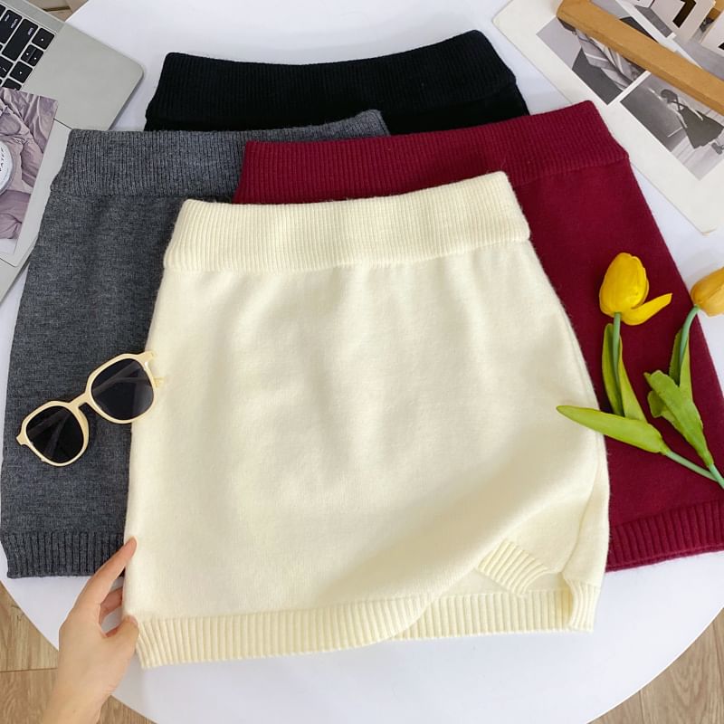 High Waist Plain Mini Knit Skirt