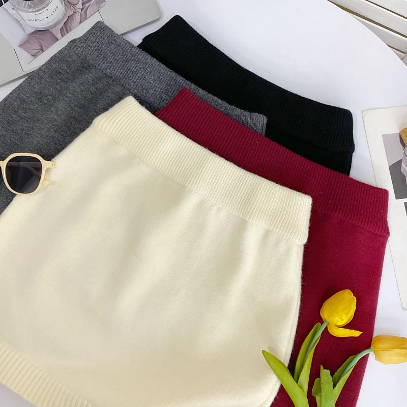 High Waist Plain Mini Knit Skirt